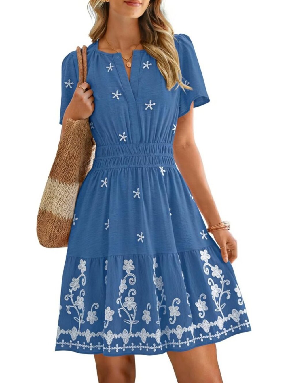 Boho Summer Mini Dress with Pockets | V Neck, Short Sleeve, Embroidered Wedding